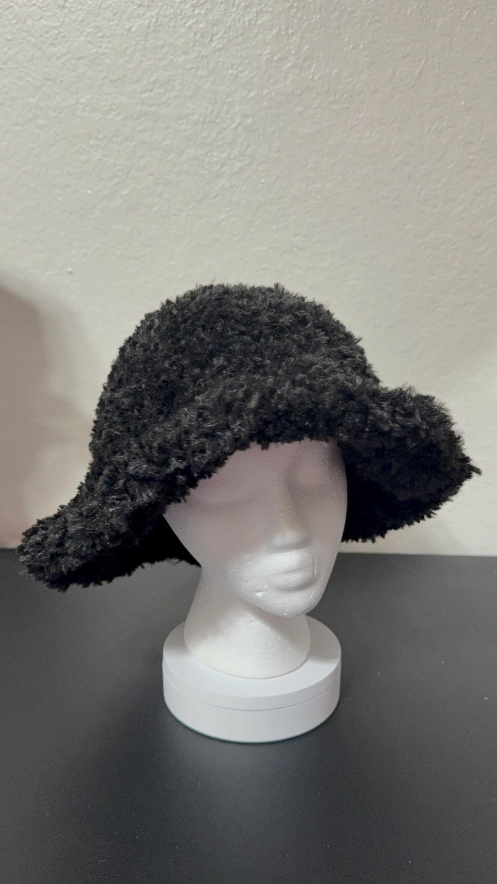 Black Faux Fur Crochet Bucket Hat | Handmade Fuzzy Winter Hat | Soft Statement Streetwear Accessory