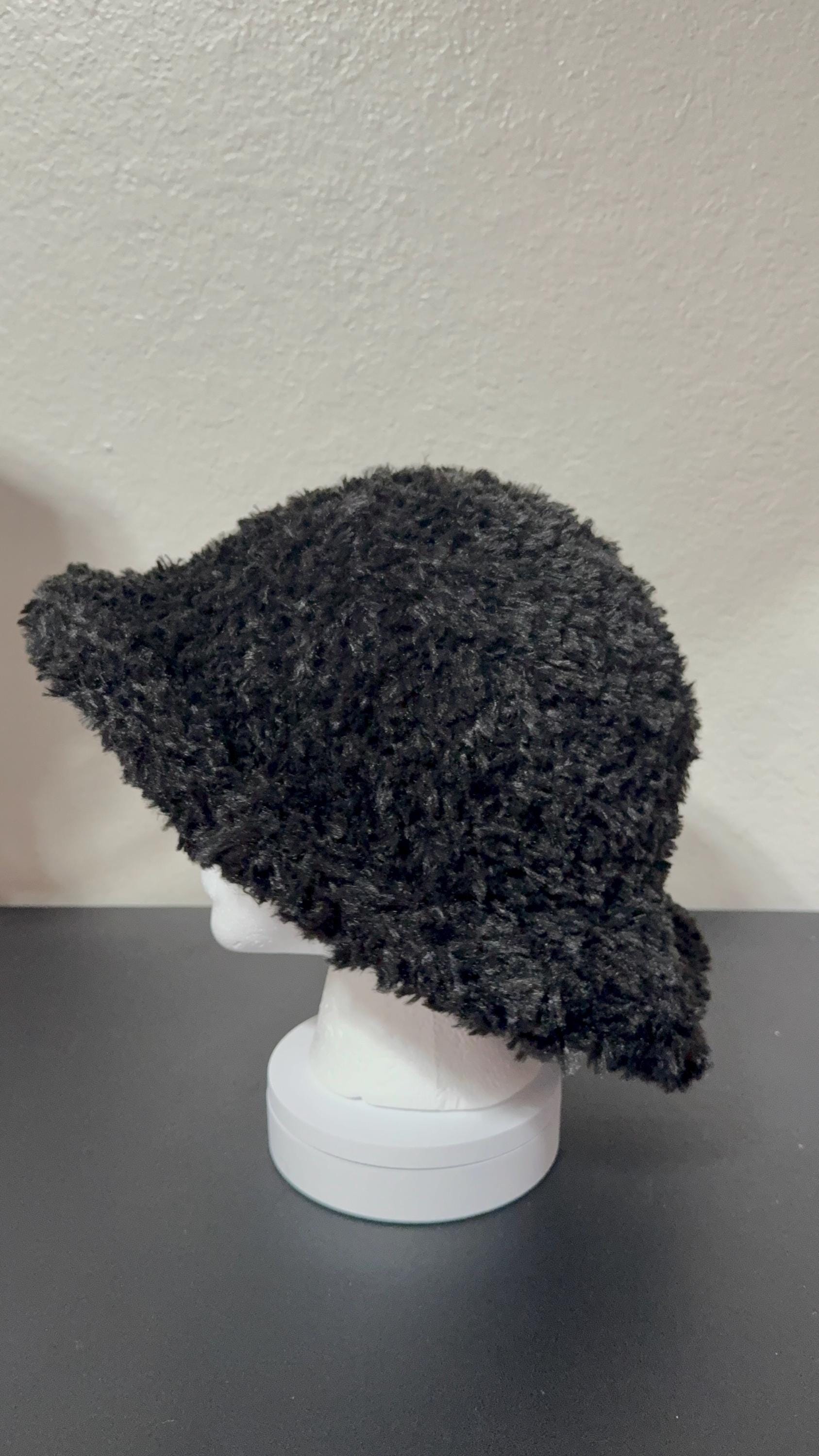 Black Faux Fur Crochet Bucket Hat | Handmade Fuzzy Winter Hat | Soft Statement Streetwear Accessory