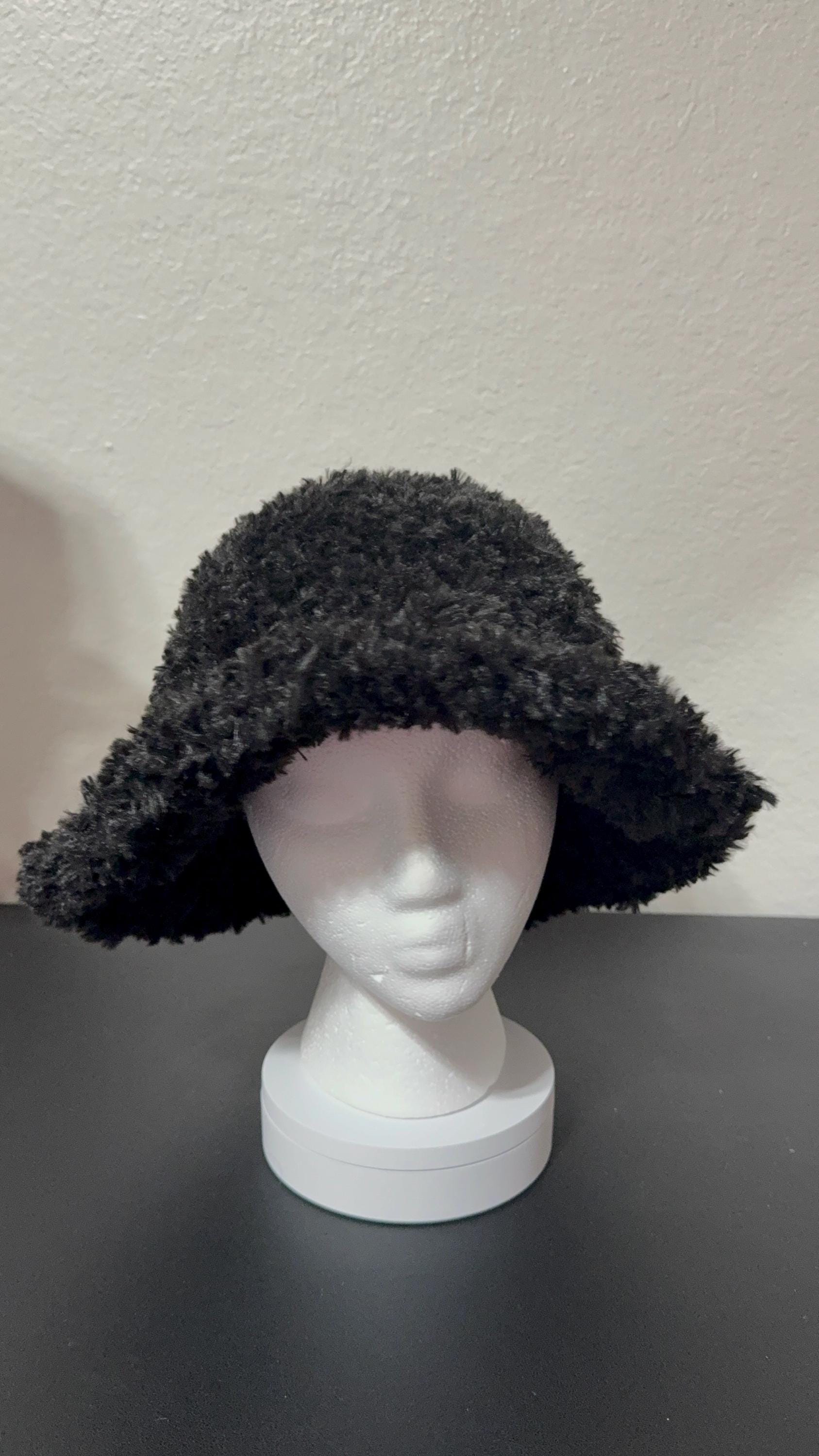 Black Faux Fur Crochet Bucket Hat | Handmade Fuzzy Winter Hat | Soft Statement Streetwear Accessory