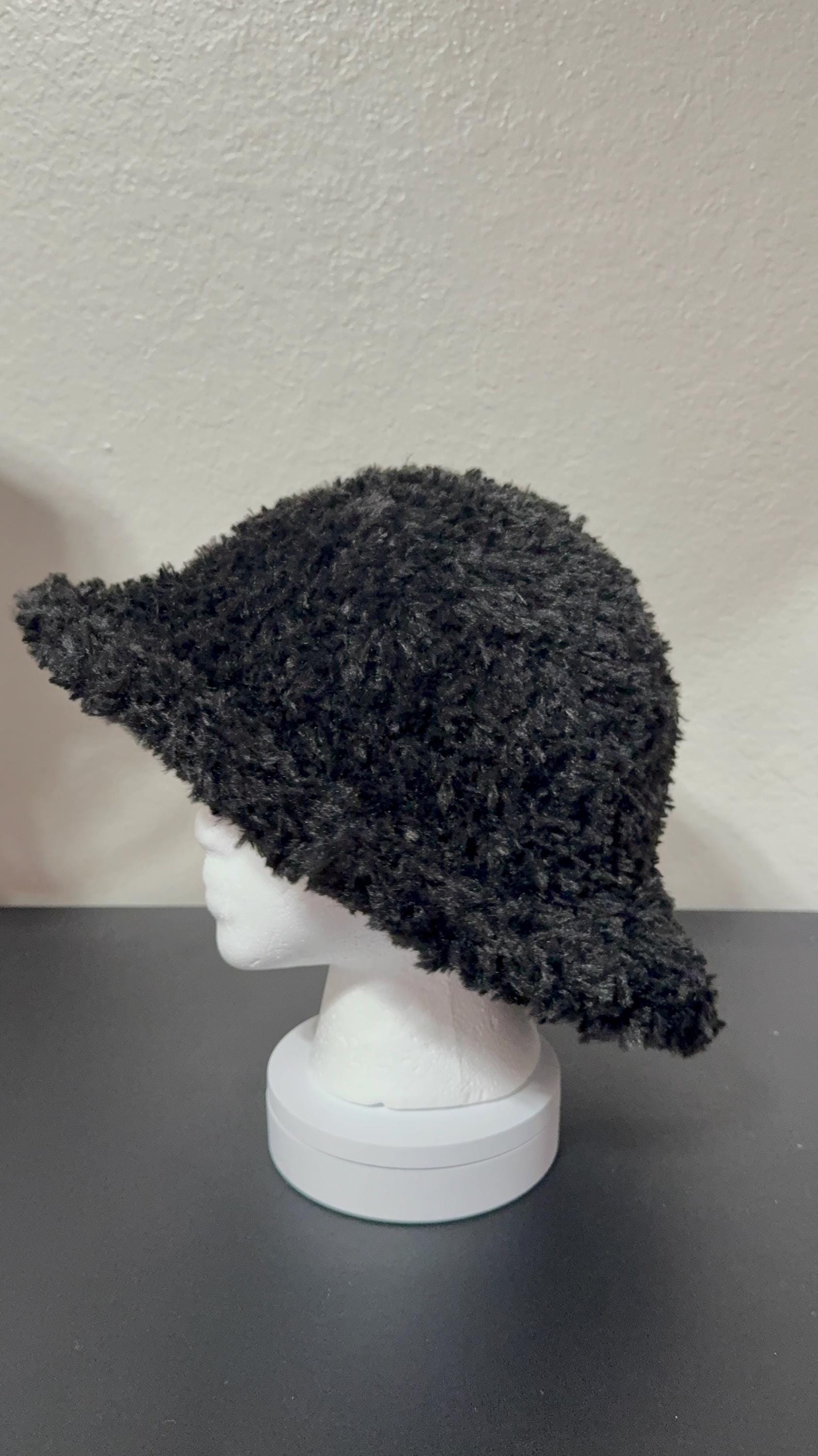 Black Faux Fur Crochet Bucket Hat | Handmade Fuzzy Winter Hat | Soft Statement Streetwear Accessory