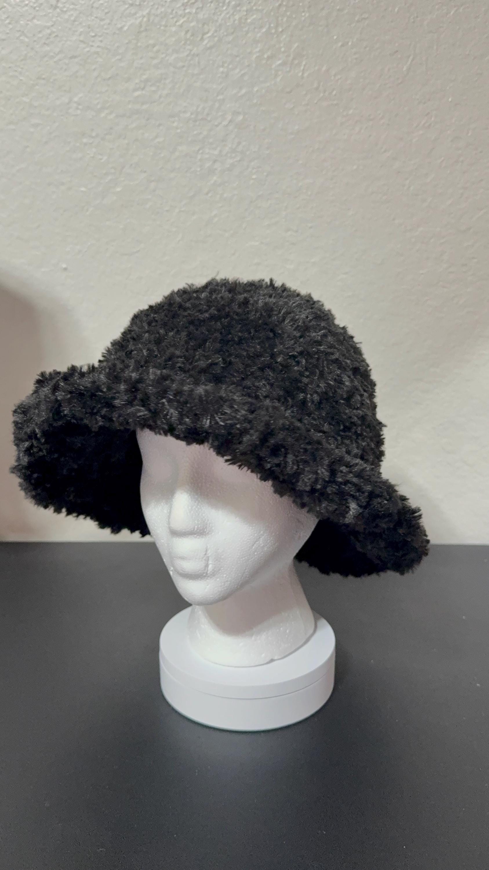 Black Faux Fur Crochet Bucket Hat | Handmade Fuzzy Winter Hat | Soft Statement Streetwear Accessory
